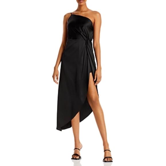 Black Satin One Shoulder Cocktail Dress Size 6 High Low Thigh Slit Shift by AQUA - Picture 9 of 11